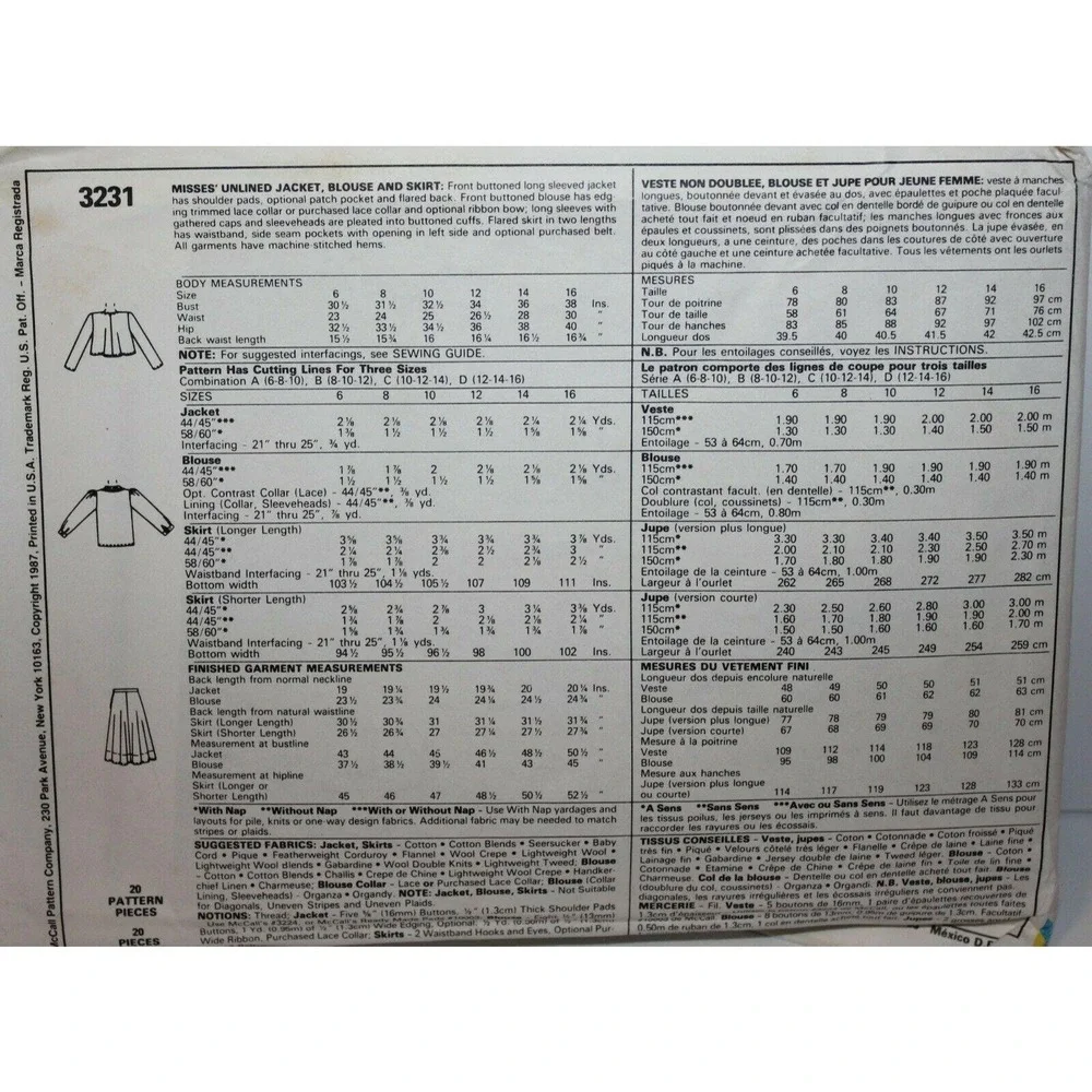 McCalls Sewing Pattern 3231 Misses Jacket Blouse Skirt Size 6-10‎